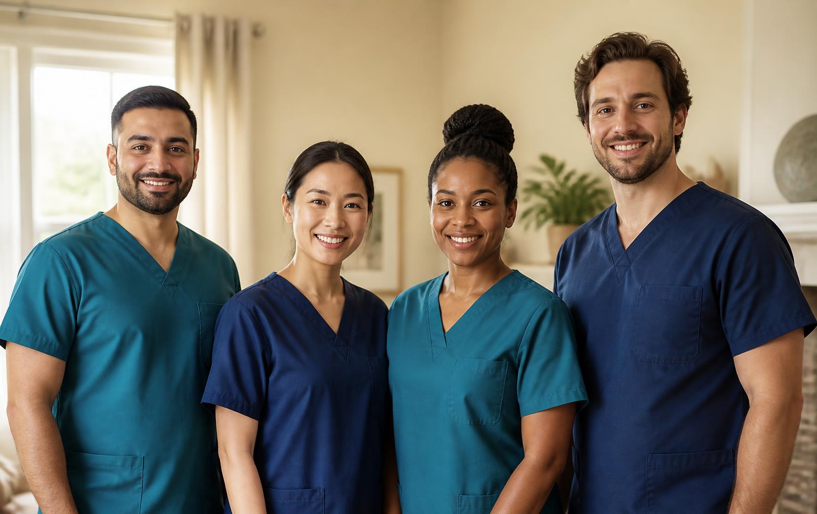 A diverse team of four Vessel caregivers standing together in a warm home interior